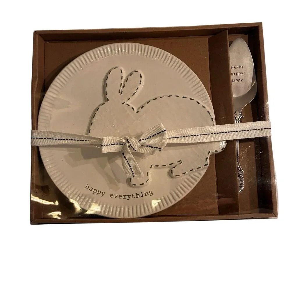 Mud Pie Bunny Ceramic Dessert Plate W/ HAPPY EVERYTHING And Server W/ Happy